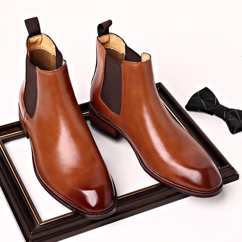 Men's Chelsea Boots Autumn Breathable Pointed Toe Ankle Boots British Style Comfortable Durable Mid Calf Leather Shoes