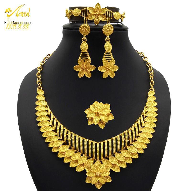 

Свадебный ювелирный набор из дубайского золота 24 карата: Ожерелье, Браслет, Серьги, Кольцо для африканских женщин