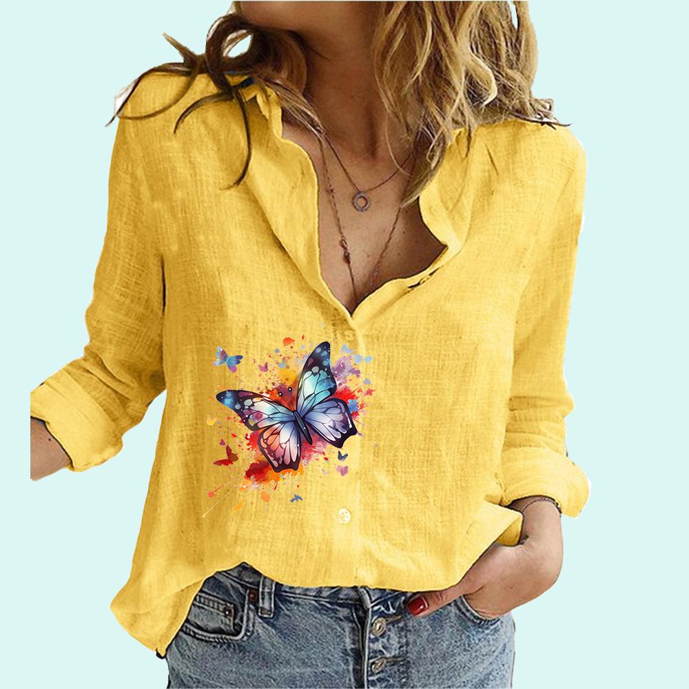 

Женская повседневная рубашка на пуговицах с принтом бабочки, женская мода, весенне-осенний льняной топ с длинными рукавами, женские блузки с длинными рукавами 5XL жёлтый