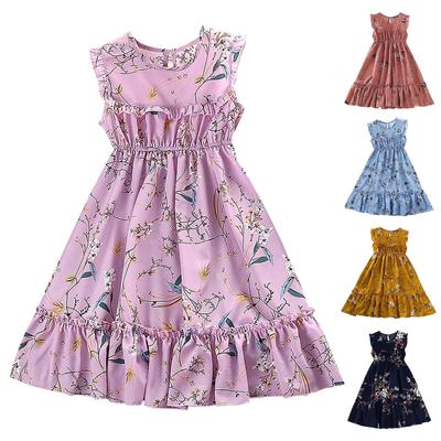 Kids Casual Dress For Girls Summer New Toddler Floral Print Sleeveless A-line Princess Pleated Dress Belt Children Clothing