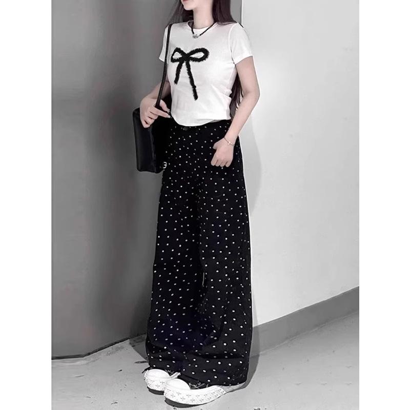 Pear-Shaped High-Waist Plus Size Black Polka Dot Wide-Leg Pants for Women - Spring/Summer Casual Slimming Design