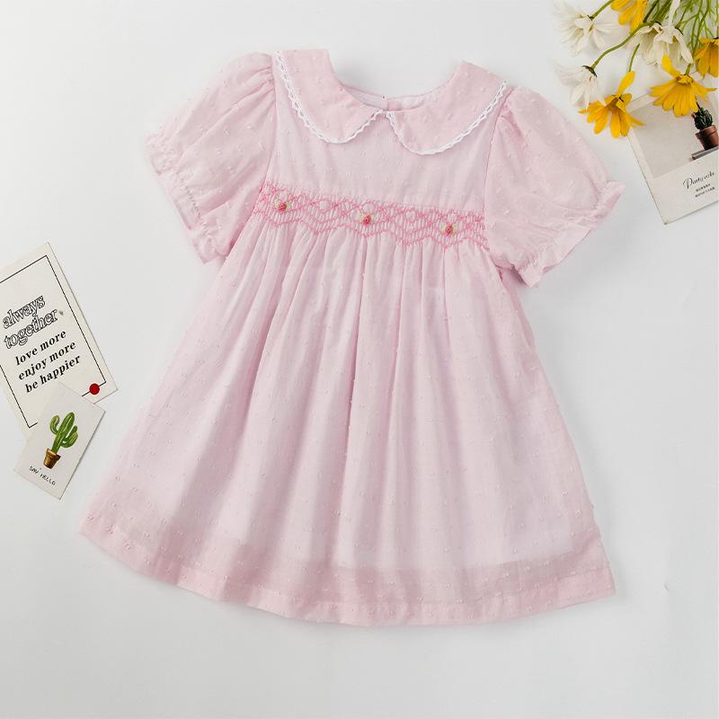 Summer Girls Cotton Princess Dress Hand Smocked Puff Short Sleeve Kids Party Dress Casual Cute 120cm розовый