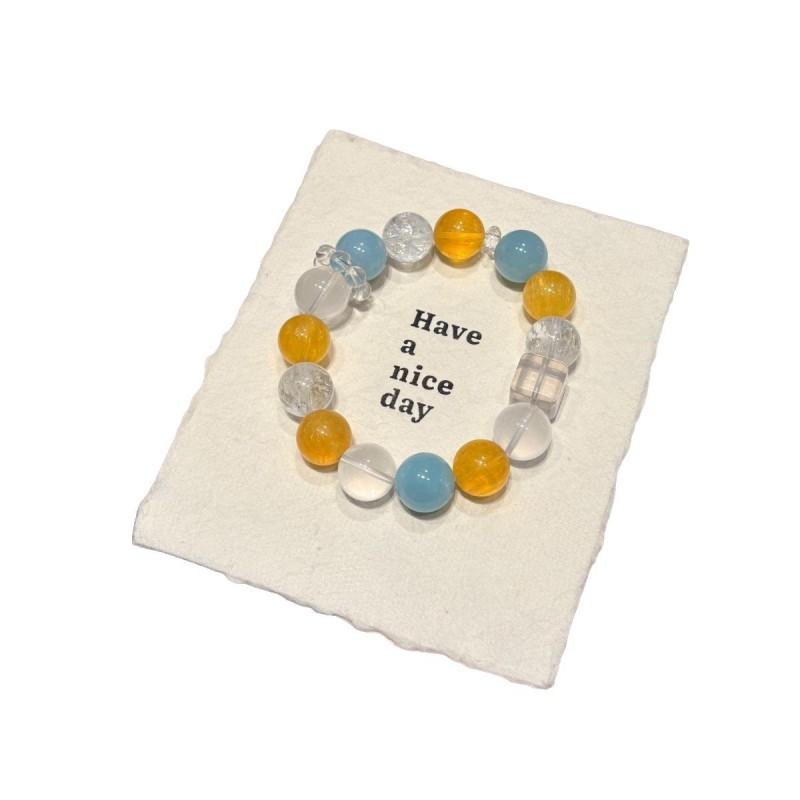 Sunny Day Sea Mist Original Natural Yellow Fluorite White Azeztulite Aquamarine Clear Crystal Beaded Bracelet Women