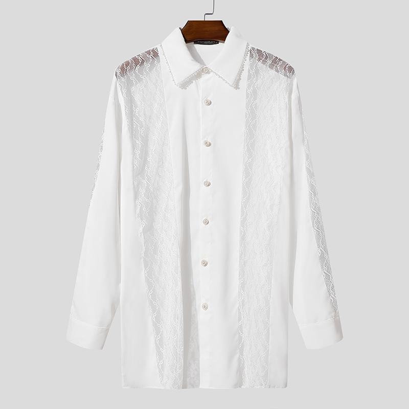 

INCERUN Мужские рубашки с лацканами, длинными рукавами, кружевной вставкой, пуговицами, свободного кроя S