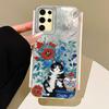Luxury Black Cat Flower Glacier Texture Phone Case for Samsung Galaxy S25 S24 S23 S22 S21 FE Plus Ultra Shell Silicone TPU Cover
