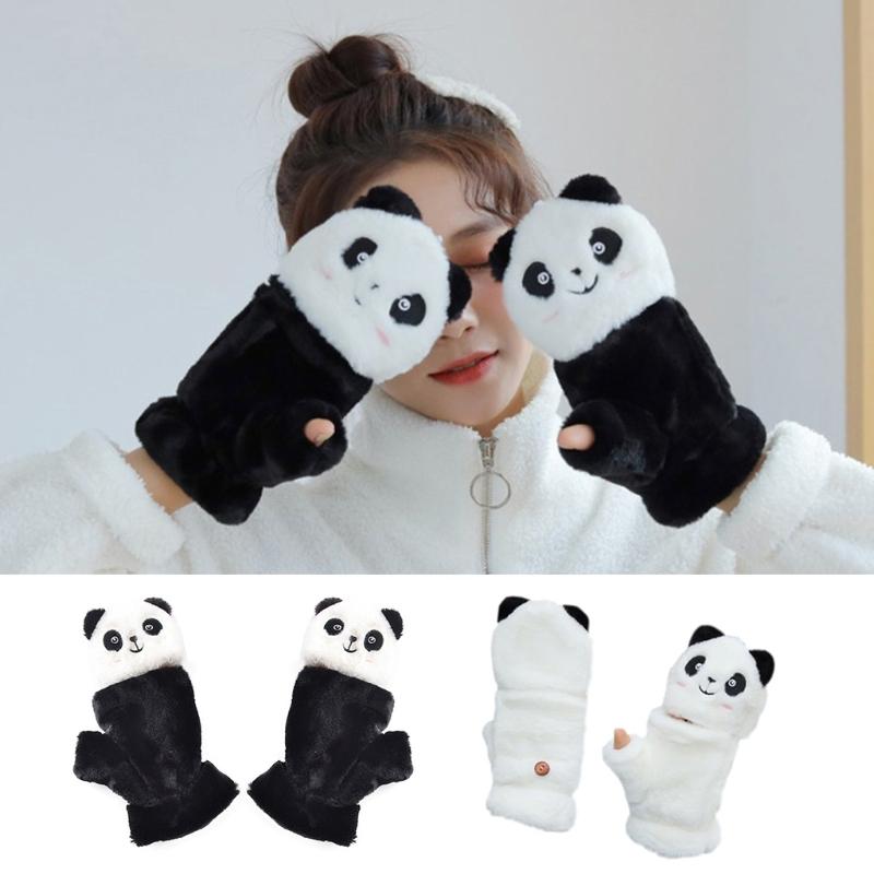 Winter Warme Handschuhe Flauschige Tier-Fäustlinge Plüsch-Panda Halbfingerhandschuhe mit Klappdeckel Warme Handschuhe für Kaltes Wetter