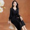 Women's Black Hollow-Out Lace Trim Long Sleeve Midi Dress