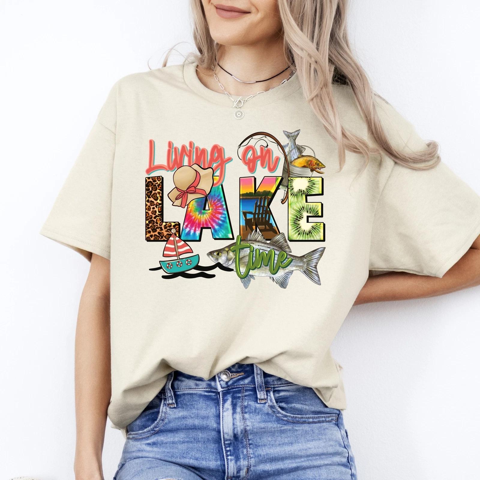 Living on lake time T-Shirt gift Summer Lake fishing boat Unisex Tee Sand White 3XL