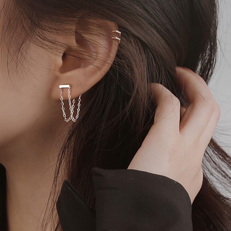 Gold Color Trendy Design Double Chain Tassel Stud Earrings For Women New Arrival Simplicity Earrings Fashion Jewelry