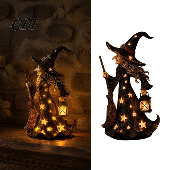Vintage Theme Party Prop Halloween Witch Figurine with Star Light, Resin Tabletop Nightlight Lantern, Rustic Festive Desk Accessory Wizard Hat