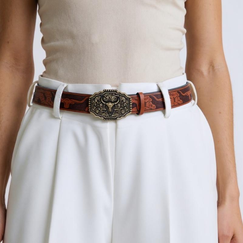Embossed Pattern Wasitband Adjustable Belt For Daily Use And Outdoor Activity with Metal Bull Head Buckles for Men Women