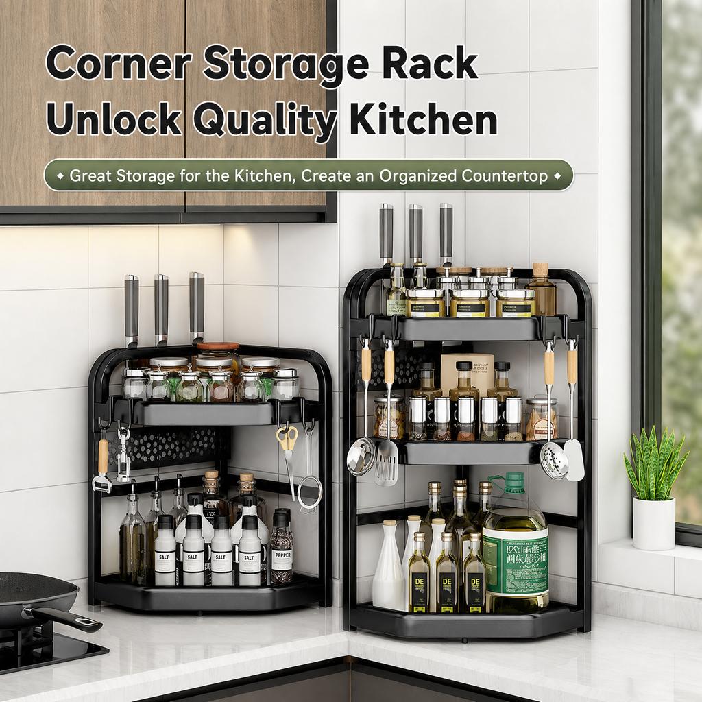 Kitchen Corner Storage Rack No-Drill Countertop Organizer Modern Minimalist Carbon Steel