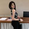 French Retro V-Neck Striped Vest Pleats Irregular Sleeveless Slim Knitted Top For Women