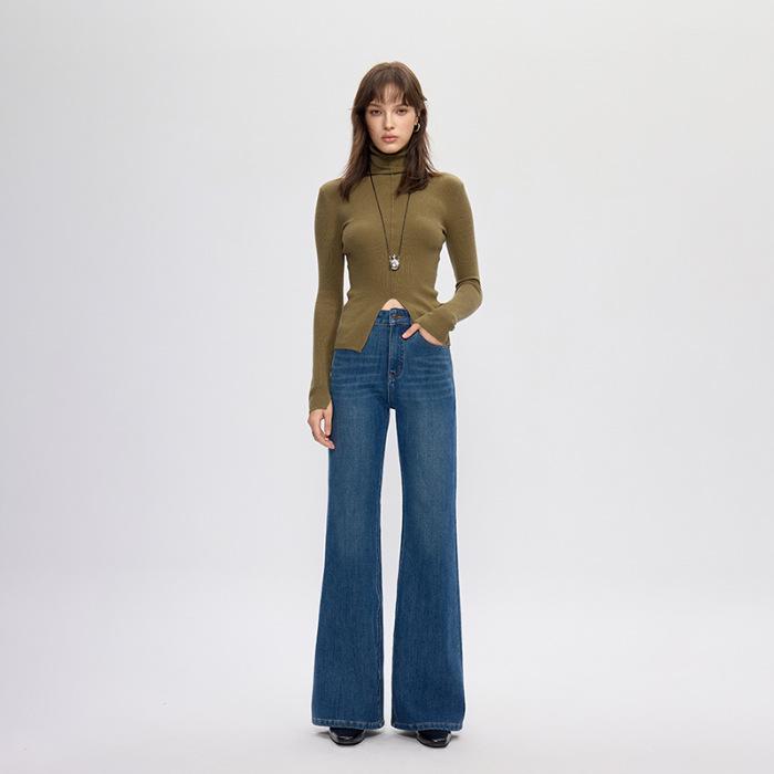 

Women s Retro Dark Blue Flared Jeans, High-Quality Four-Way Stretch, New 2026 Summer Loose Floor-Length Design. Size 30