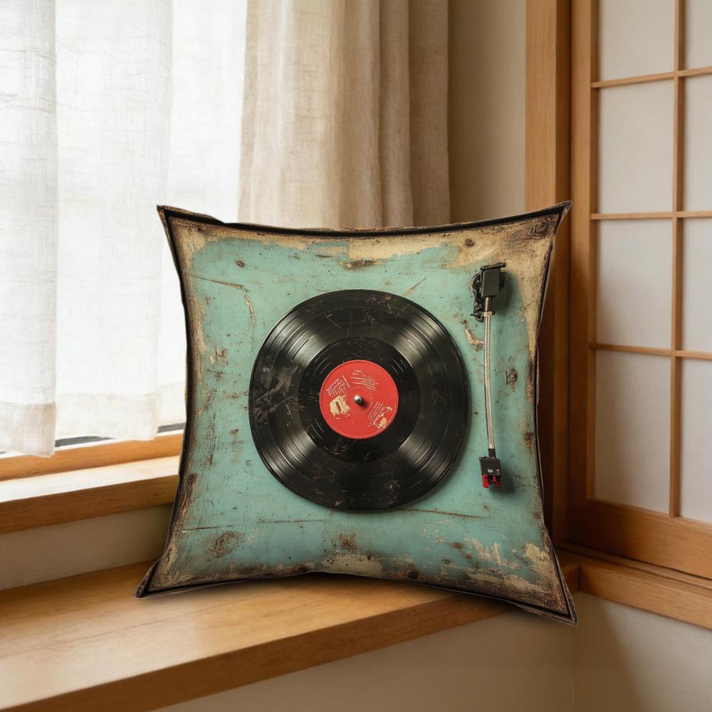 1Pc Vintage Retro Vinyl Record Player Cushion Cover Teal Blue Distressed Texture Pillowcase For Living Room Sofa Bed Decorative