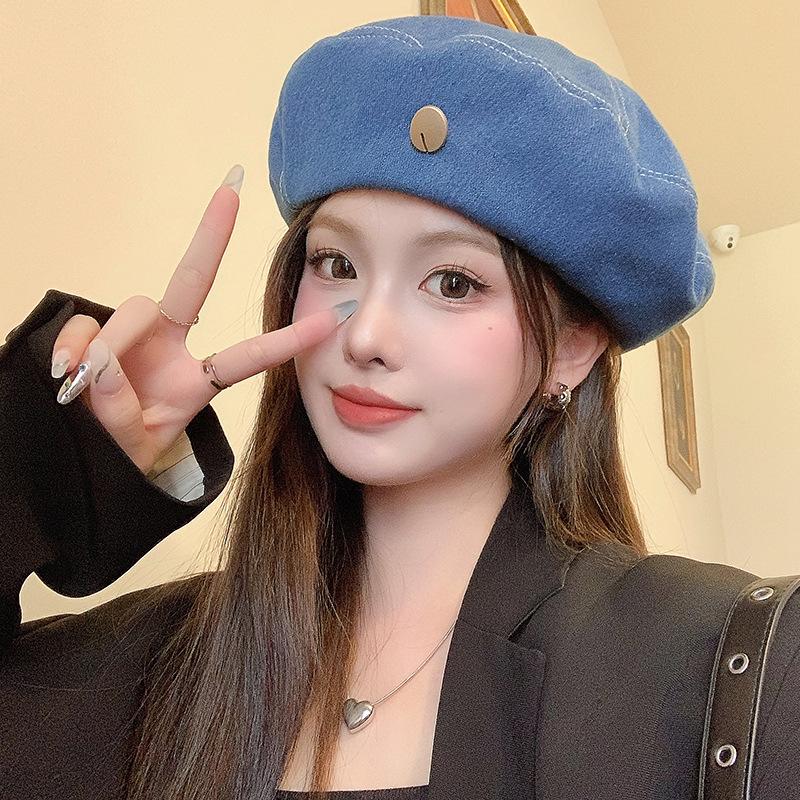 Denim Beret Women's Spring and Autumn Korean Style Versatile Face Show Little Belem Painter Hat Big Head Wrap Hat Trendy