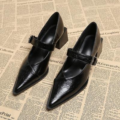 Moda 2025Designer Vintage Bico Fino Mulheres Sapatos Mary Jane Moda Raso Fivela Sapatos Primavera Senhoras Elegante Vestido Sapatos Salto Grosso