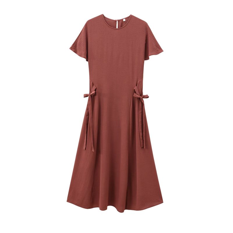 Fashion Style 2024 Fall and Winter New Women's Vertical Short Sleeve round-Neck Long Casual Midi Skirt Dress 0264670