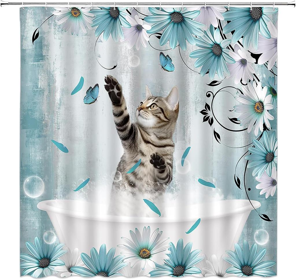 Cat Shower Curtain Blue Teal Rustic Farmhouse Floral Lovely Cat Kitten Funny Aniaml for Pet Lover Bathroom Decor Fabric Curtain