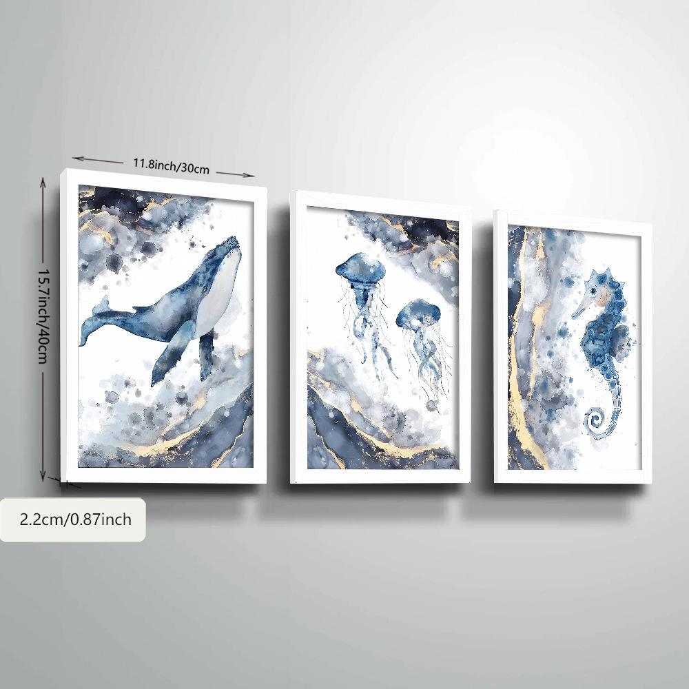 Set da 3 pezzi Balena Pesce Oceano Pittura a Olio su Tela con Cornice in Legno Disegno Decorazione Murale Decorazioni per Casa Stanza