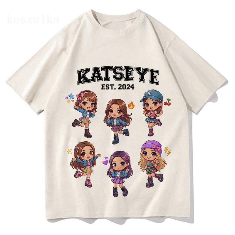 Korean Girls Band KATSEYE Print T-shirt Cotton Short Sleeve Loose Female Tshirts Unisex Streetwear Casual Women Men T Shirt Tees