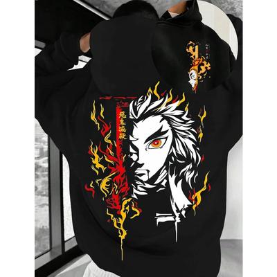 Anime Demon Slayer Rengoku Kyojuro Potisk Černá Mikina Oversized Streetwear Mikina Pánská Dámská Dlouhý Rukáv Podzimní Top Unisex