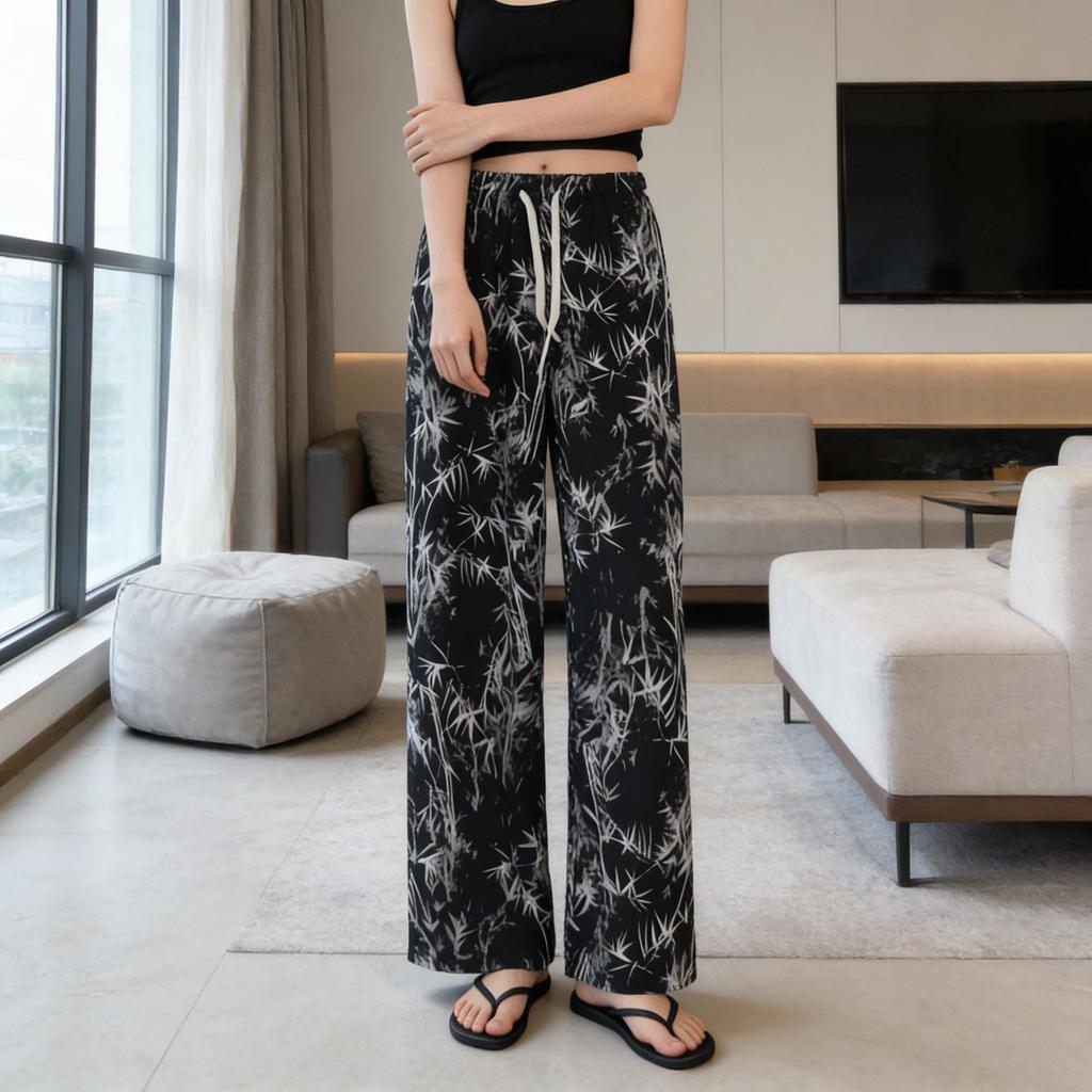 Black & White Striped Wide-Leg High-Waist Summer Pants for Women - Ink Painting Style, Slim Fit, Loose Draped Ice Silk Casual Trousers.
