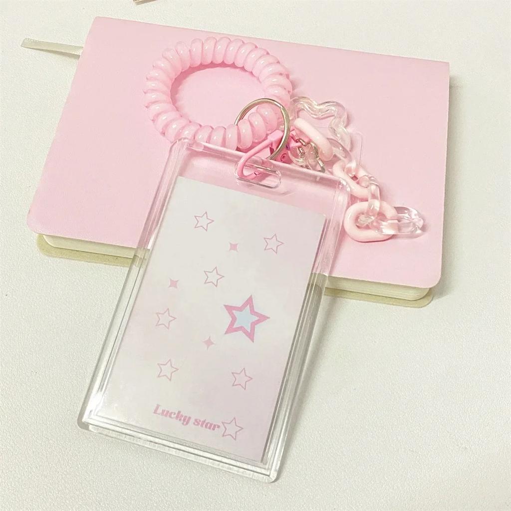 1 Set Ins Sweet Credit Card Holder case Transparent Acrylic ID Card Cover Case with Pendant Kawaii Kpop Photo Card Protector
