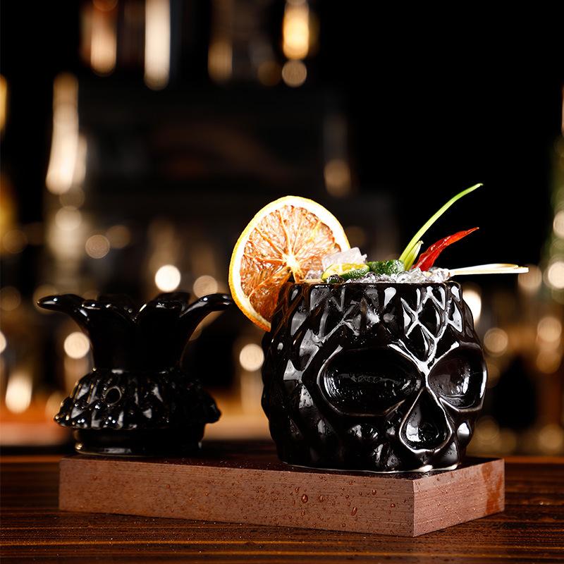 Black Pineapple TIKI Glass Ceramic Tiki Cocktail Glass Beach Party Drinking Glass Cool Skull Pineapple Iced Sand Juice Container