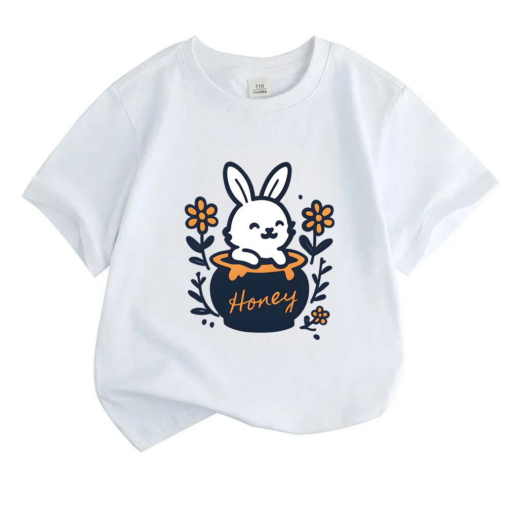 Kids Boys Girls 100% Cotton Crew Neck Short Sleeve T-Shirt, Cute Smiling White Bunny In Honey Jar Floral Print Casual Soft Tee for Children Daily Wear