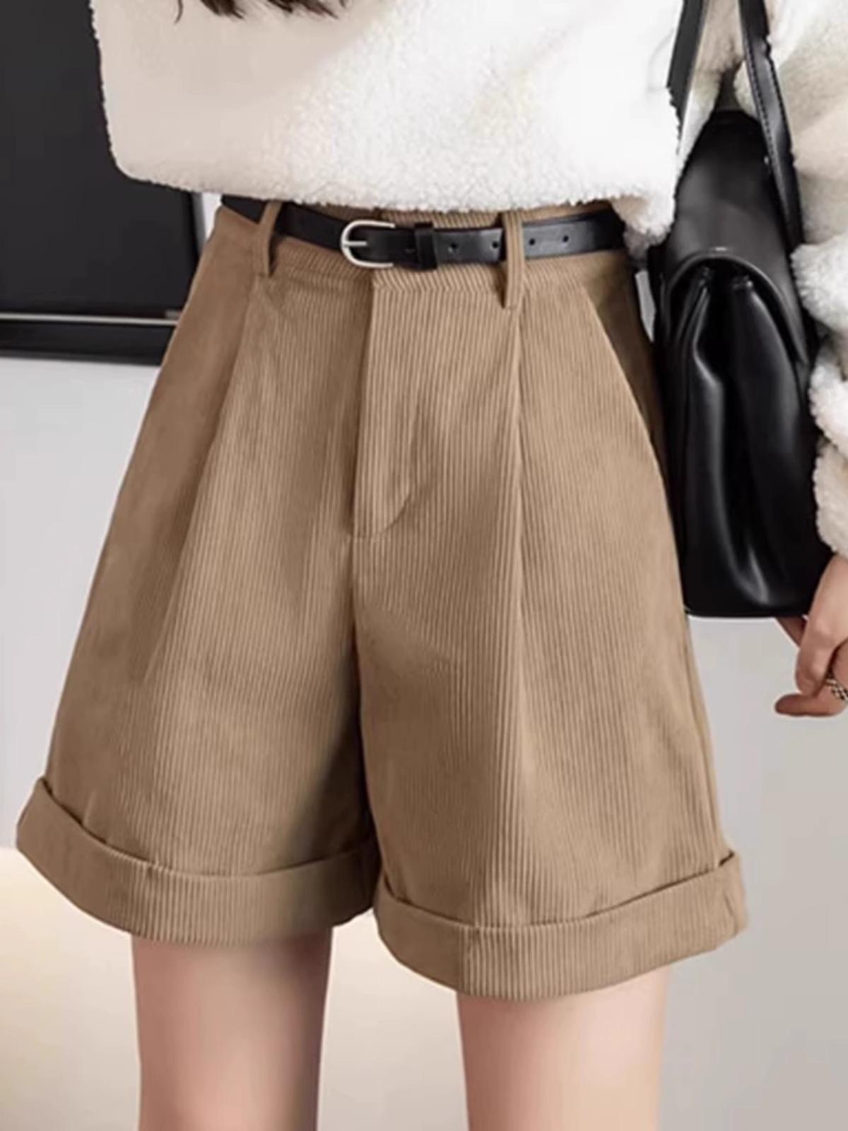 

Женские вельветовые шорты А-силуэта с высокой посадкой для осени и зимы - Приталенные, с широкими штанинами, в повседневном корейском стиле 4XL хаки