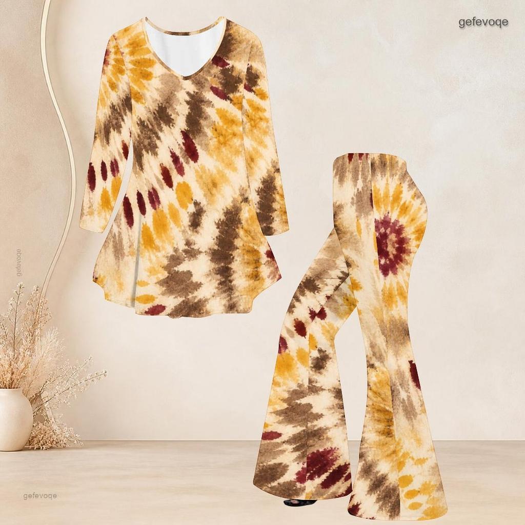 Women Plus Size Printed Round Neck Three Quarter Sleeve Flared Top And Flared Pants Two Piece Set