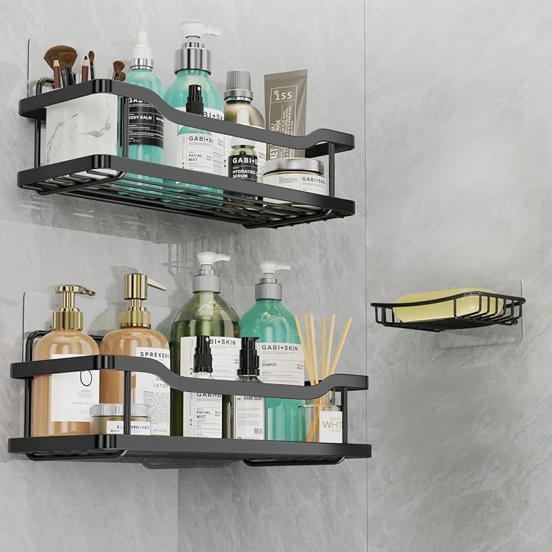 OMAIRA 3-Pack Shower Caddy with Soap Holder, Adhesive Rustproof No-drill Strudy Loading Inside Shower Organizer Shelves Rack Storage Bathroom