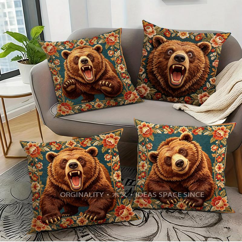 Vintage Floral Brown Bear Decorative Throw Pillow Covers Pattern Cushion Cover Suitable for Sofa Bedroom Car Pillow Cover