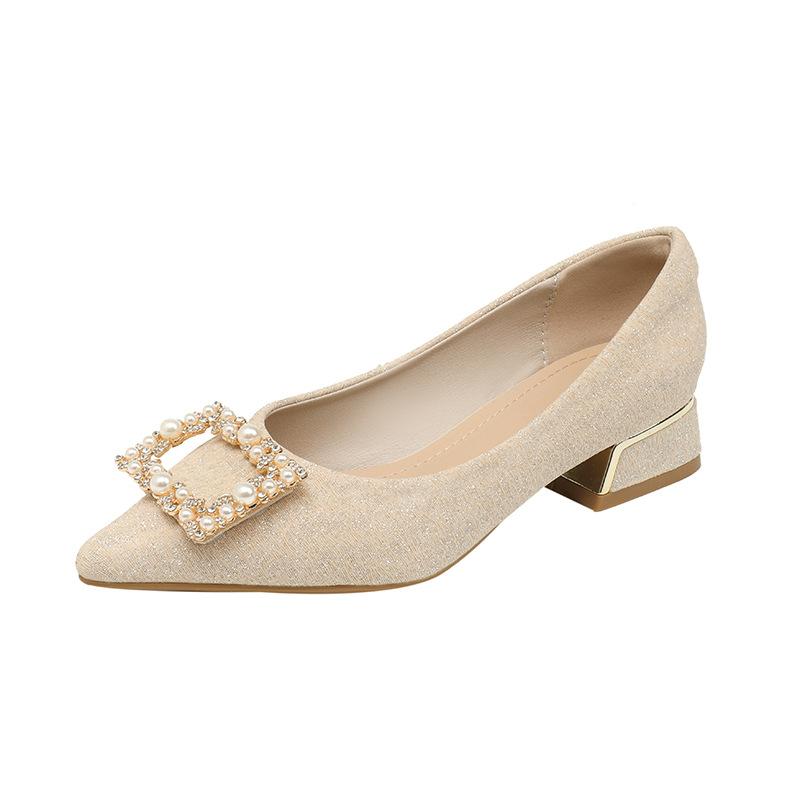 Spitze dicker Absatz einzelne Schuhe neu flacher Ausschnitt mittelhoher Absatz Strass quadratische Schnalle Schuhe große Größe