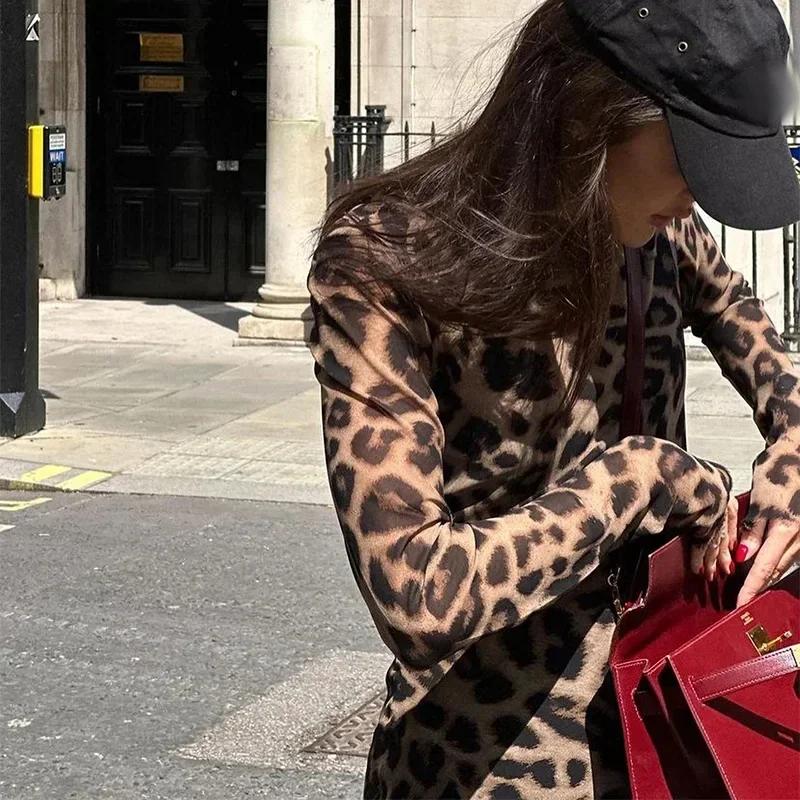 Leopard Print Mini Dress Women Spring Summer Long Sleeve Slim O-neck Hip Package Dresses Fashion Vintage Party Robe