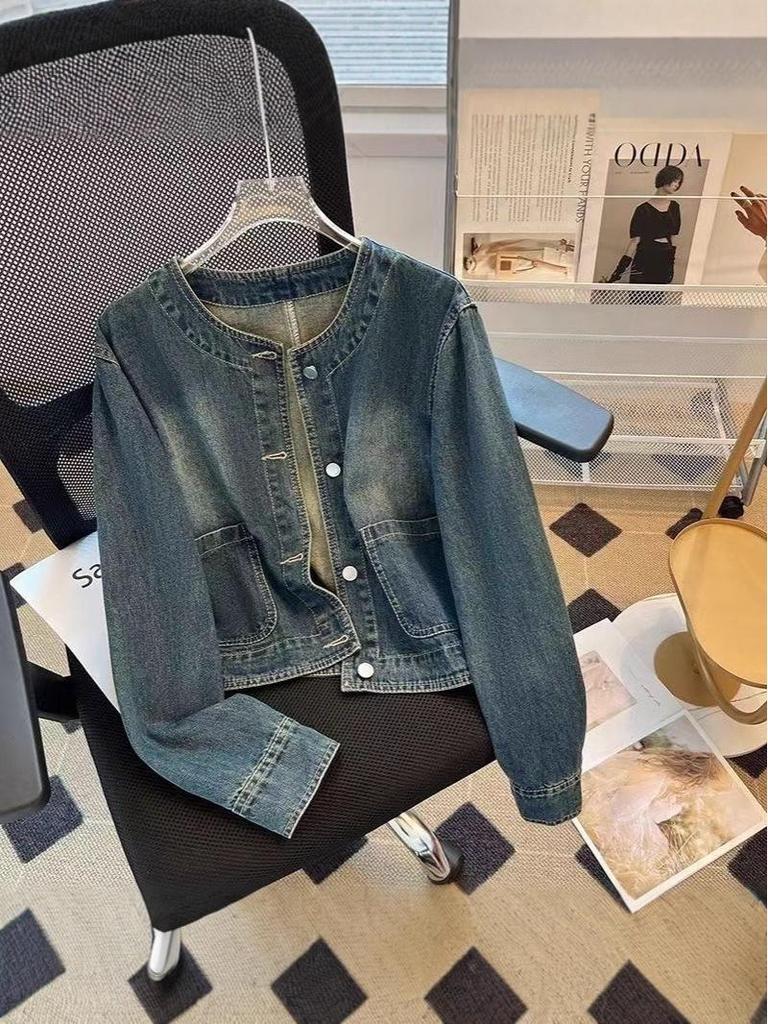 Veste en jean rétro bleu clair pour femme - Style cardigan ample à boutonnage simple pour le printemps