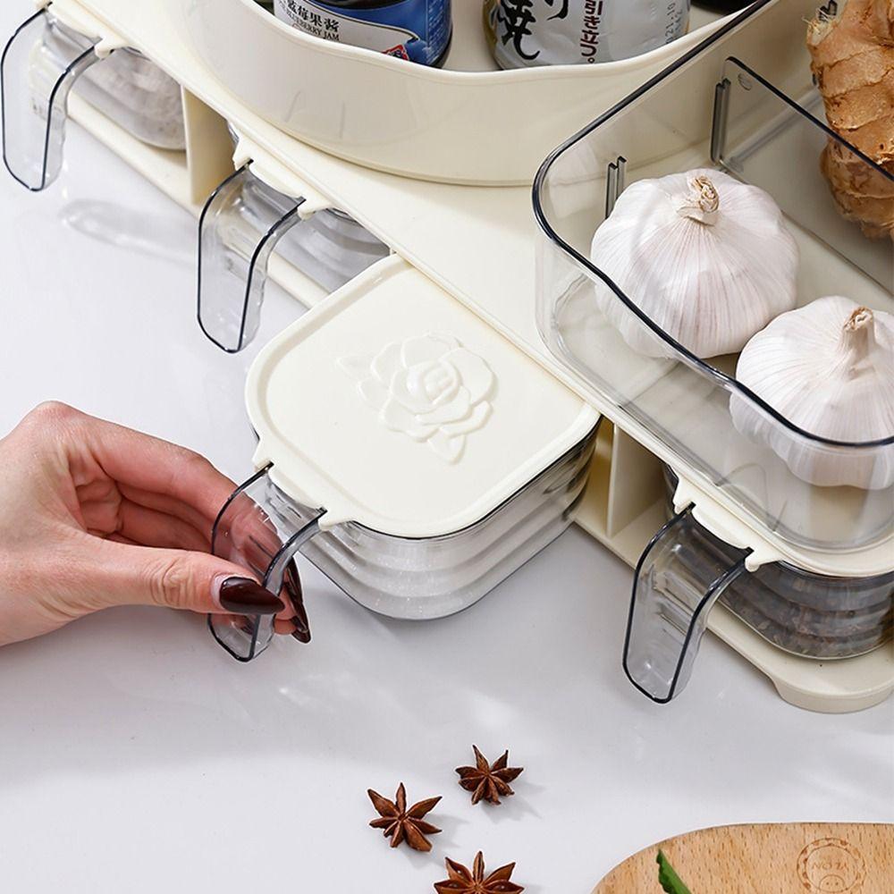 Plastic Countertop Spice Jar and Rack Set Rotatable Condiment Box Spice Organizer  Kitchen
