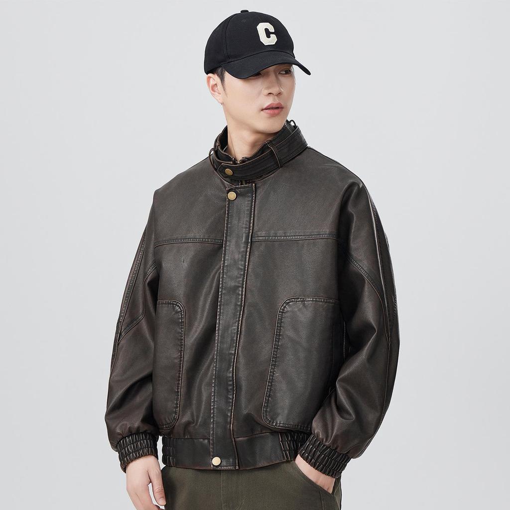 Men's Retro Cool PU Leather Bomber Jacket with Buckle Stand Collar