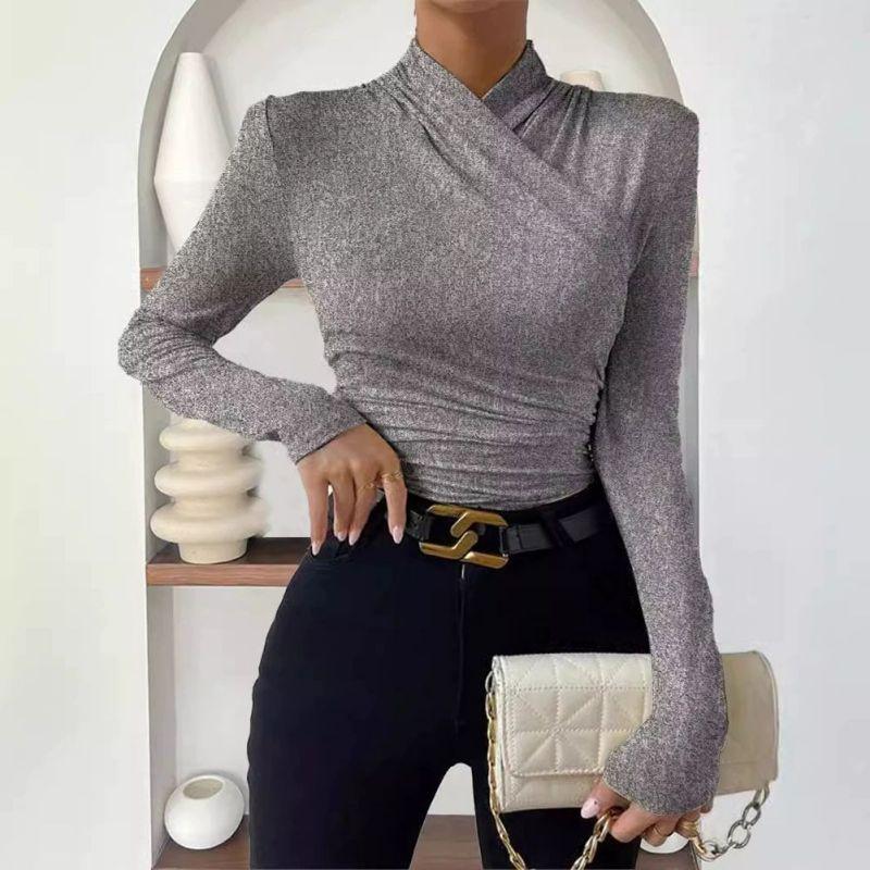 Women's Solid-Color Cross-Neck Slim-Fit Versatile Pleated T-Shirt