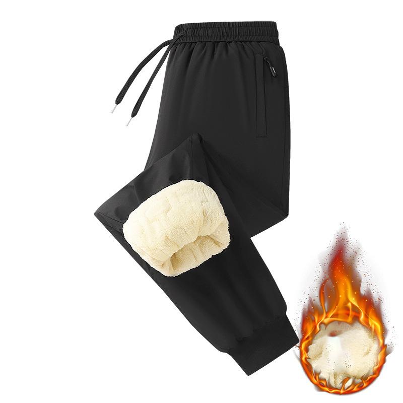Winter Men's Drawstring Pocket Fleece-Lined Cuffed Casual Pants Comfortable Plush-lined Outdoor Trousers Male Thermal Pants