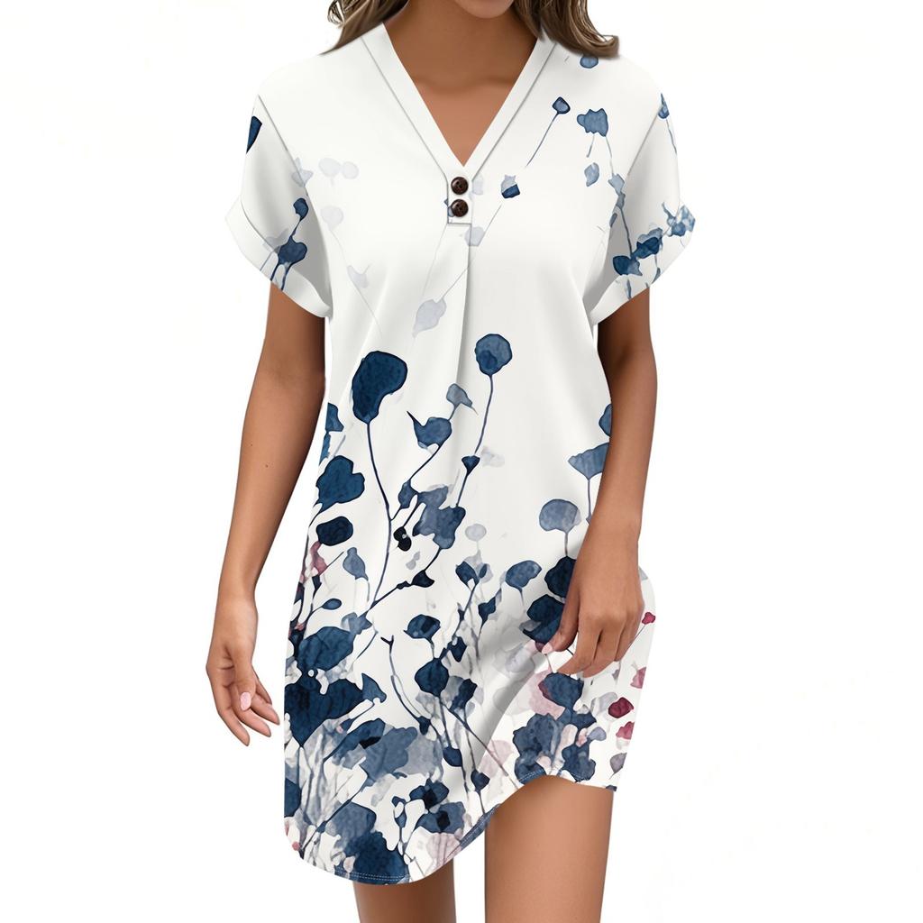 Women's V-neck Vintage Floral Print Pullover Casual Button Dress