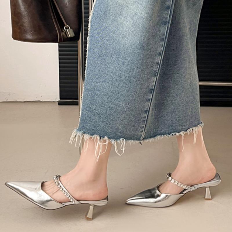 Fashion Baotou Sandals Spring New Pointed Head Shallow Mouth Crystal Fine Strap Anti-slip Wear-resistant Fine Heel Slippers
