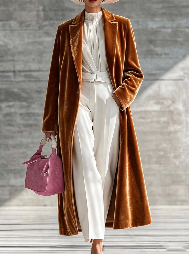 Autunno e Inverno, Popolare Cappotto Lungo in Velluto Dorato da Donna Giacca in Velluto con Revers High-End Sopra il Ginocchio