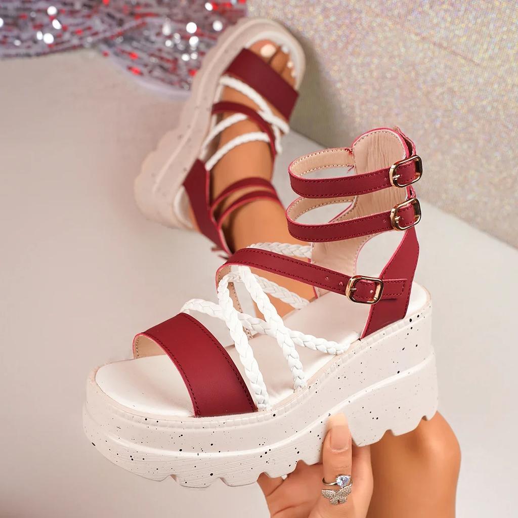 Summer 2025 New European and American Strappy Wedge Heel Sandals, Thick-soled Waterproof Platform High-heeled Sandals