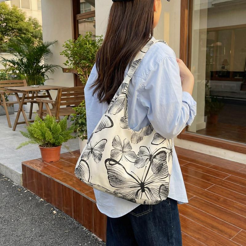 Canvas Tote Bag with Butterfly Print and Long Shoulder Strap for Women Daily Use