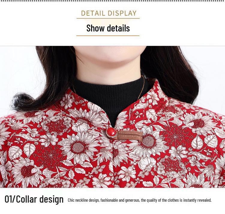 Dámská bunda slim fit ze směsi bavlny: Podzimní/Zimní Národní Styl, Hřejivý Kabát pro Matky Středního Věku a Starší s Plus Sametem.