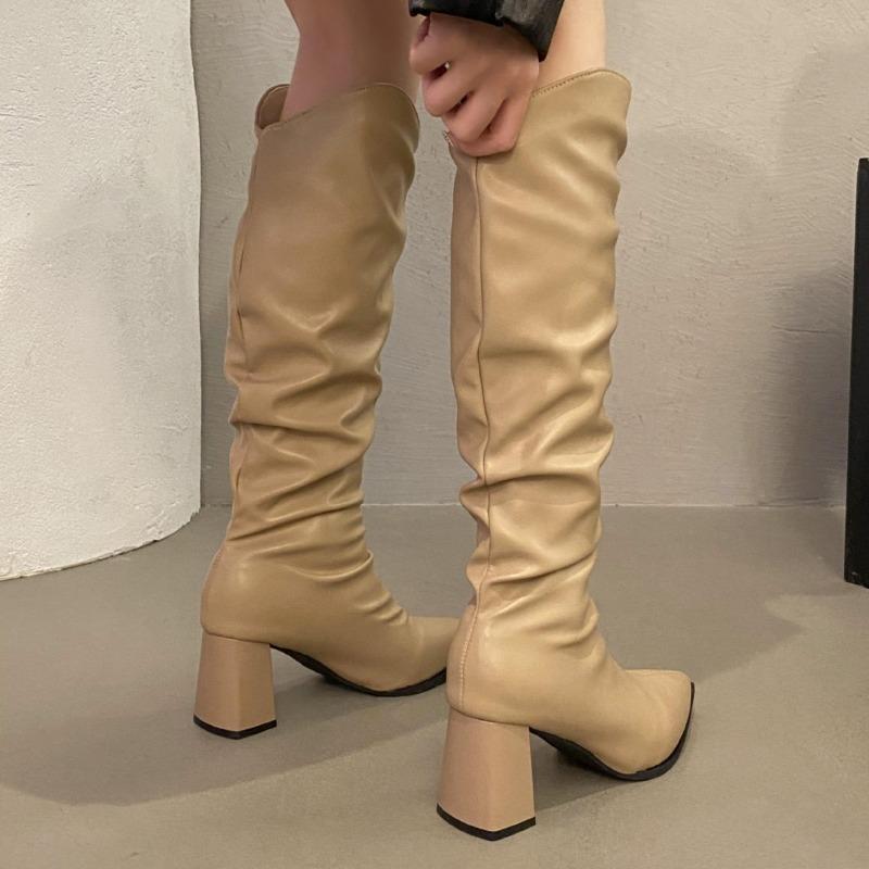 Weiche PU-Leder kniehohe Stiefel Damen 2026 Frühling Herbst Dicke Absätze Lange Stiefel Plissiert Frau Schwarzer Reißverschluss hinten Ritter Botas