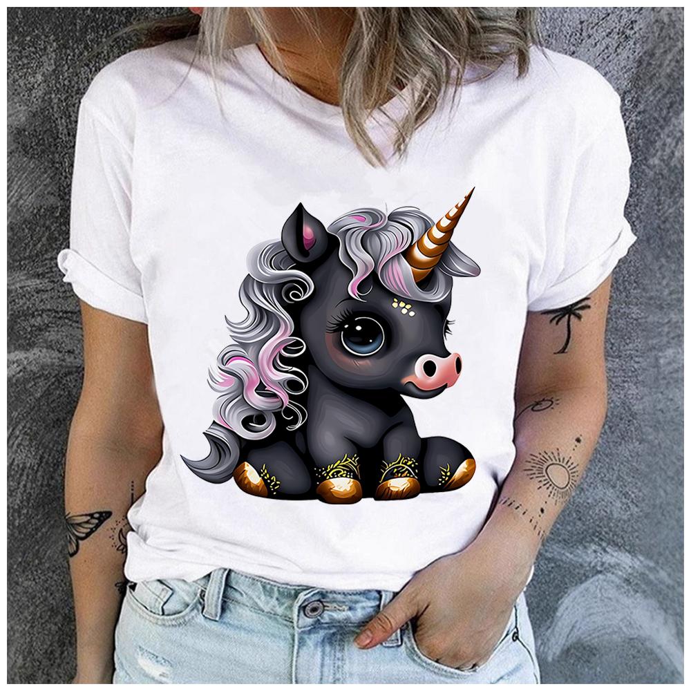 Unisex 100% Polyester Summer Top Black Cartoon Little Unicorn Print Loose Round Neck Short Sleeve Fashion for Lovers
