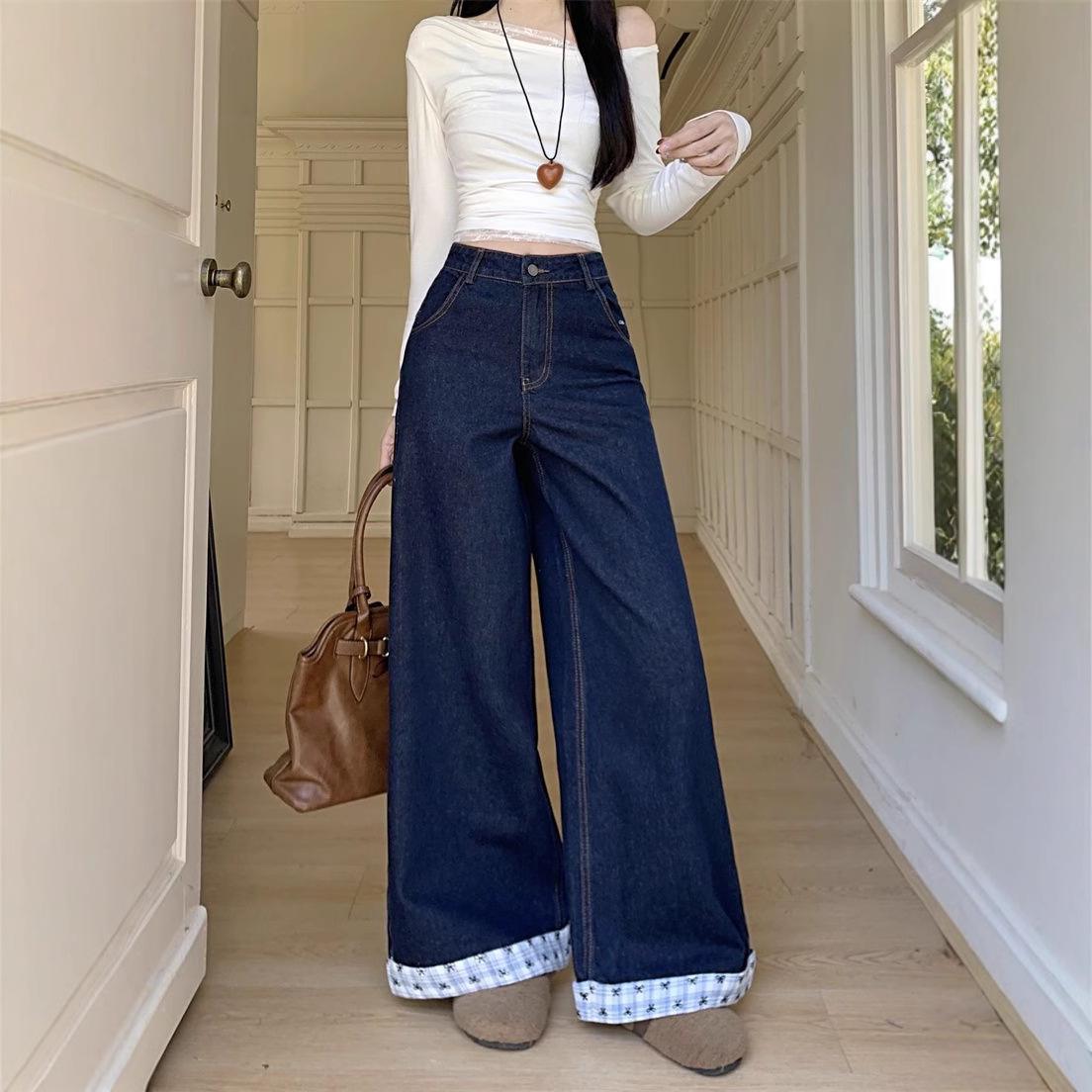 

Джинсы с высокой посадкой и широкими штанинами с карманами для женщин – Коллекция Лето 2025, Большой размер L синий